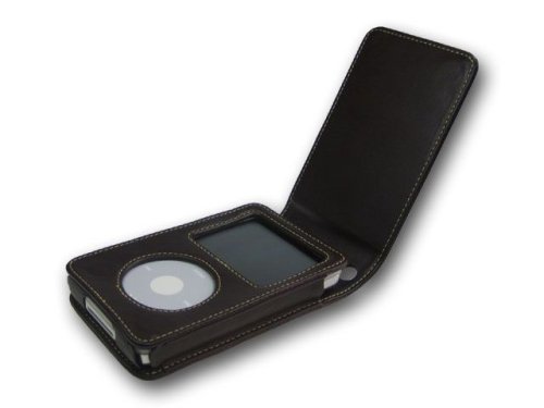 Kamerazubeh&ouml;r: Braune Klapp - Ledertasche f�r den iPod Video 60/80 GB inkl. abnehmbarem G�rtelclip & Displayschutzfolie