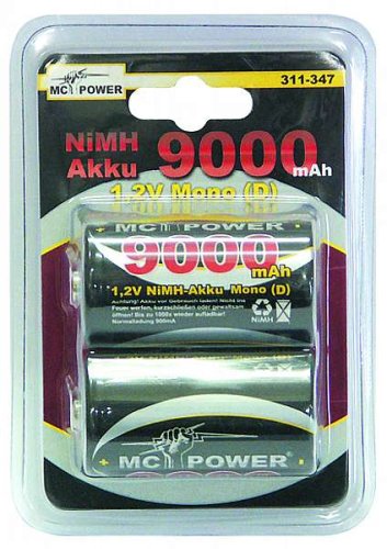 MP3 Player: McPower 1,2V NiMH Akku Typ Mono / D 9000mAh 2-er Pack