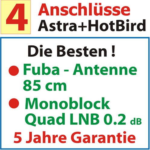 Kompaktanlagen: Komplette Sat - Multifeed - Anlage f�r 4 Anschl�sse : Fuba 85 cm Alu-Spiegel mit Inverto Monoblock Quad LNB 0.2 dB inkl. Kabel und Stecker ; 5 Jahre Garantie