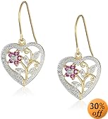 18k Yellow Gold Overlay Sterling Silver Ruby & Diamond Accent Heart Earrings