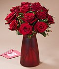 One Dozen Long Stemmed Fancy Red Roses with Ruby Vase