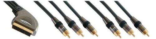 Heimkinosysteme: High-End Audio-Video Adapterkabel 1,50 Meter 24 Karat vergoldete Kontakte, 21-pol Scart-Stecker auf 6 x Cinch-Stecker 2 x Video IN/OUT 4 x Audio IN / OUT (L+R) * Audio-Video Adaptor cable 1,50 meters of 24 carat gilded contacts, Scart 21-pol on 6 x Cinch