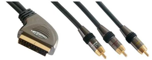 High-End Audio-Video Adapterkabel 1,50 Meter 24 Karat vergoldete Kontakte, 21-pol Scart-Stecker (IN/OUT umschaltbar) auf 3 x Cinch-Stecker 2 x Audio (L+R) 1 x Video * Audio-Video Adaptor cable 1,5 meters of 24 carat gilded contacts, 21-pol Scart-plug (IN
