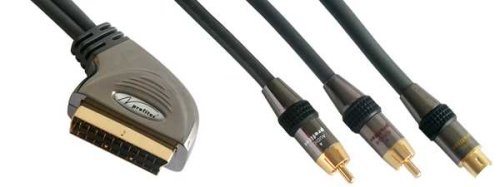 Heimkinosysteme: High-End Audio-Video Adapterkabel 1,50 Meter 24 Karat vergoldete Kontakte, 21-pol Scart-Stecker (IN/OUT umschaltbar) auf 1 x S-VHS Stecker 2 x Cinch-Stecker Audio (L+R) * Audio-Video Adaptor cable 1,5 meters of 24 carat gilded contacts, 21-pol Scart plug