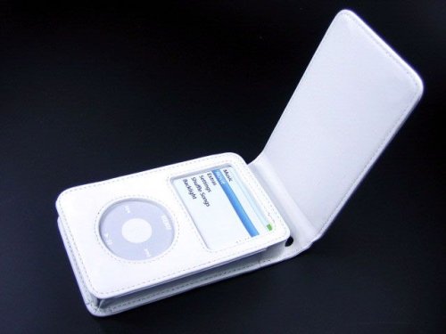 TFT Monitore: Wei�e Klapp - Ledertasche f�r den iPod Video 30GB inkl. abnehmbarem G�rtelclip & Displayschutzfolie