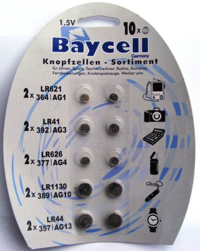 Zubeh&ouml;r: 10er Packung Knopfzellen Baycell AG1 AG3 AG4 AG10 AG13 je 2 X