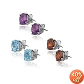 Sterling Silver 3-Pair Set 8x6mm Oval Gemstone Earrings (Amethyst, Garnet, Blue Topaz)