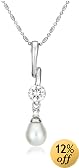 Sterling Silver 7x9mm Pear-Shaped Freshwater Cultured Pearl w/ 6mm Round Brilliant-Cut Cubic Zirconia Pendant, 18